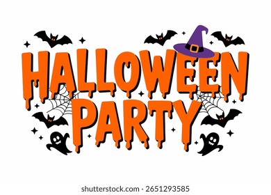 Halloween party invitation, spooky bat and witch hat, spider web, festive October greeting, Halloween celebration banner