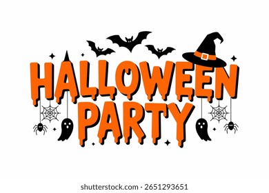 Halloween party invitation, spooky bat and witch hat, spider web, festive October greeting, Halloween celebration banner, party design