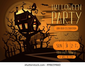 Halloween party invitation with spooky castle on tree in mystic forest at night under full moon. Cartoon vector illustration. Halloween night background with haunted house, pumpkin and flying bats