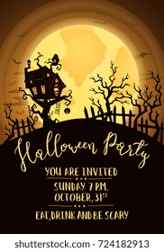 Halloween party invitation with spooky castle on tree in mystic forest at night under full moon. Cartoon vector illustration. Halloween night background with haunted house, pumpkin and flying bats