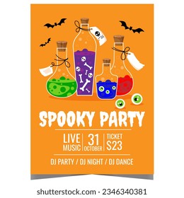 Halloween party invitation with spooky cocktails and poisonous bright colours alcoholic drinks with creepy eyes, bones and skulls. Vector design for Halloween party to celebrate it on October 31.