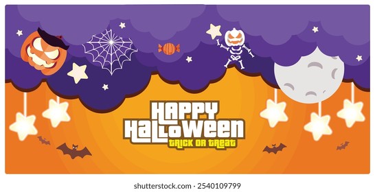 Halloween party invitation with spooky pumpkins. Full moon in the sky with stars and bats. Halloween Party concept. Flat vector illustration.
