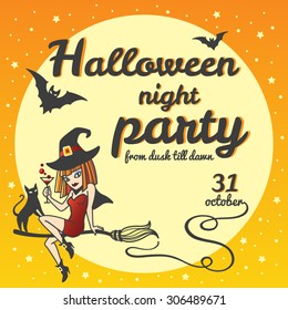Halloween party invitation square template. Cartoon style witch girl sitting on a broom with cat, holding potion or cocktail. Typographic composition, lettering with date. Moon with bats silhouettes.