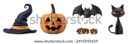 Halloween party invitation sticker clip art. Pointy cone witch hat, carved pumpkin jack with smile, scary flying bat, black tricky cat and candy corn sweets. 3d vector cute spooky characters isolated