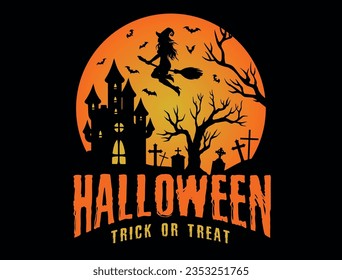 Halloween party invitation sticker colorful with flying witch near house and cemetery with words trick or treat vector illustration