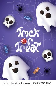 Halloween Party invitation template. Background with Trick or Treat text, ghosts, skulls, spider and candy. Poster for website, social media, greeting cards, sale, discount, promo, brochure, flyer, ad