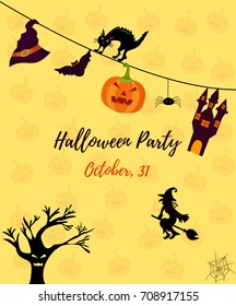 Halloween Party Invitation template. Halloween background with creepy castle, pumpkin,  bat and cat