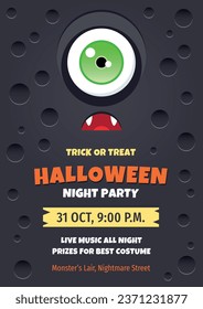 Halloween party invitation template. Bright cartoon background with a funny monster. Vector 10 EPS.
