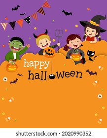 Halloween party invitation template card with kids in Halloween costumes in paper cut style.