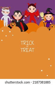 Halloween party invitation template card with kids in Halloween costumes vector