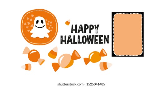 Halloween party invitation template with Cute smiling ghost, treats, candy corn, sweets clipart, frame. Fall, autumn holiday greeting lettering with triangle pieces, party decoration.
