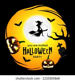 Halloween party invitation template with flying witch with broom with pumpkin and grave