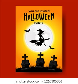 Halloween party invitation template with flying witch with broom on the graveyard