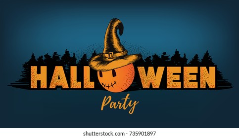 Halloween party invitation template, font logotype dark blue background with pumpkin in witch hat