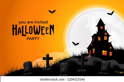 halloween party invitation template with graveyard illustration and scary house on the hill at the night