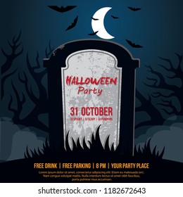 Halloween party invitation template on tomb stone background with scary moon.