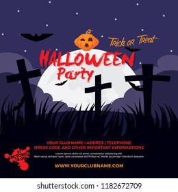 Halloween party invitation template on tomb stone background with full moon.