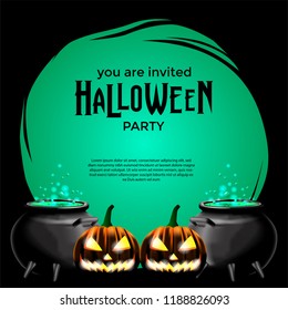 Halloween party invitation template for poster, banner,label,flyer. Jack lantern illustration with green liquid potion in the pot with green background and circle frame
