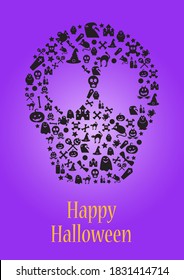 Halloween party invitation or template poster for shopping sale ad with skull. Happy halloween greeting card design. Doodle vector illustration