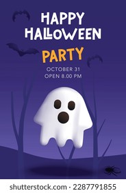 Halloween Party invitation template. Poster background with ghost, spooky tree, spider and scary night. Vector for banner, website, social media, greeting cards, sale, discount, promo, brochure, flyer