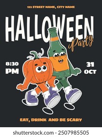 Einladungsvorlage für Halloween-Party im Retro-Groovy-Stil. Zeichentrickfiguren aus Kürbis und Bierflaschen. Designvorlage für Werbung, Web, Social Media.