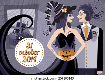 Halloween party invitation template. Stylized illustration with two zombies. 