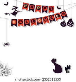 Halloween party invitation template with traditional symbols, witch silhouette and bats, pumpkins. Flags-garlands with letters. Happy Halloween. Vector illustration.