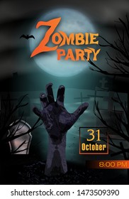Halloween party invitation template vertical background. Zombie hand rising from the grave. Graveyard with tombstones and moon In spooky night. Vector illustration.