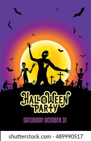 Halloween party invitation template with zombies, bats and the shining moon on the cemetery. Scary horror background.