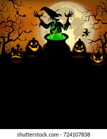 Halloween Party invitation with terrible pumpkins and witch, Template in vector format