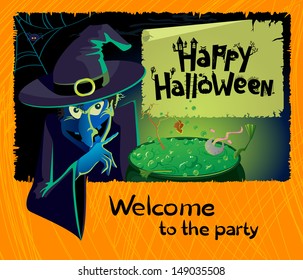 Halloween party invitation with terrible witch