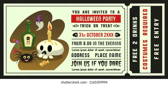 Halloween party invitation ticket style with illustration .Vector halloween party card vintage style.