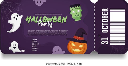 Halloween party invitation ticket template design with purple color vector illustration.