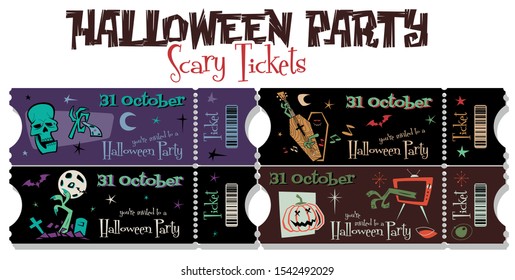 Halloween Party Invitation Tickets, Mid Century Modern Art Style Illustrations, Pumpkin, Graveyard, Skulls, Zombies