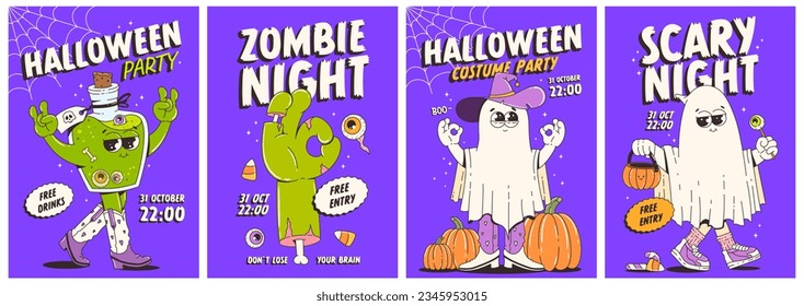 Halloween party invitation. Trendy retro groovy style and funny characters in 70s-80s. Scary night, zombie night, costume party. Funny vector posters set.