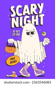 Halloween party invitation. Trendy retro groovy style and funny ghost character in 70s-80s. Scary night. Funny vector poster.