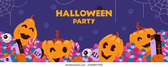 Halloween party invitation vector banner. Halloween banner with pumpkins and sweets.