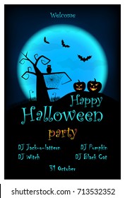 Halloween party invitation. Vector halloween design template with pumpkin, owl, bats on blue moon background.