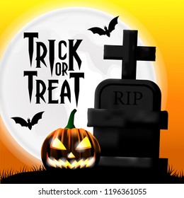 halloween party invitation with vector illustration of grave at the night with full moon and jack o lantern of pumpkin