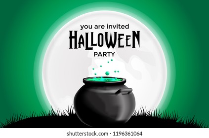 halloween party invitation with vector illustration of green potion with pot 