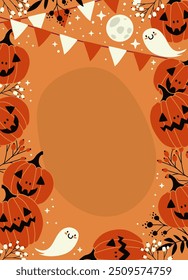 Invitación de fiesta de Halloween. Ilustración vectorial. Iconos planos de Halloween. Calabaza Naranja y fantasmas.