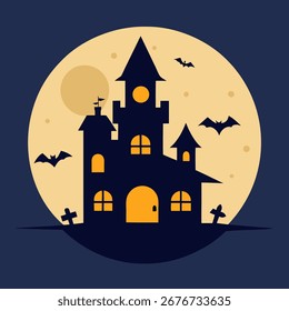 Plantilla de Vector de invitación de fiesta de Halloween con casa embrujada, luna llena, calabazas y murciélagos