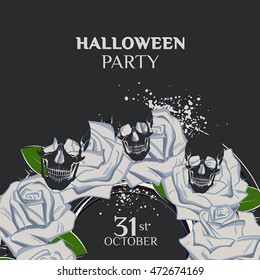 Halloween party invitation. Vector template with roses, skulls and place for text