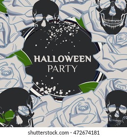 Halloween party invitation. Vector template with roses, skulls and place for text