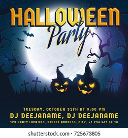Halloween party invitation. Vector template with full moon, scary trees and pumpkins. Spooky night banner. 
