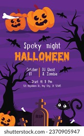 Halloween party invitation vertical background with scary pumpkin, Flyer or invitation template for Halloween party. Vector illustration.