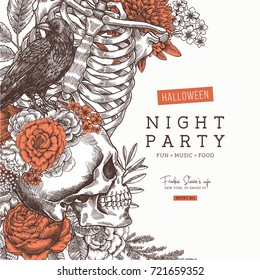 Halloween party invitation. Vintage floral anatomy background. Vector illustration