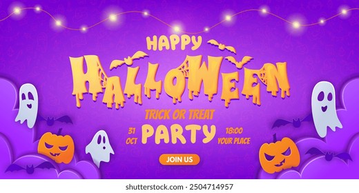 Anuncio de Web de invitación de fiesta de Halloween. Cartel colorido en estilo de corte de papel, con lindas calabazas, fantasmas y murciélagos. Fondo con patrón de doodle y guirnalda brillante. Folleto de promoción, Plantilla, folleto.