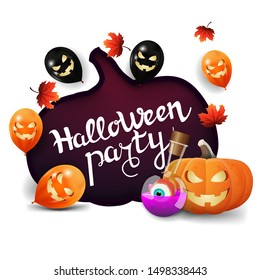 Halloween party, invitation white banner with a huge pumpkin carved in paper, Halloween ballons, autumn leafs, pumpkin Jack and witch's potion