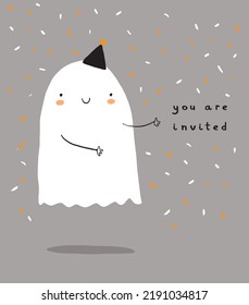 Halloween Party Invitation. White Hand Drawn Happy Ghost in a Black Party Hat and Falling Confetti on a Gray Background. Cool Kawaii Style Halloween Vector Illustration ideal for Card. 